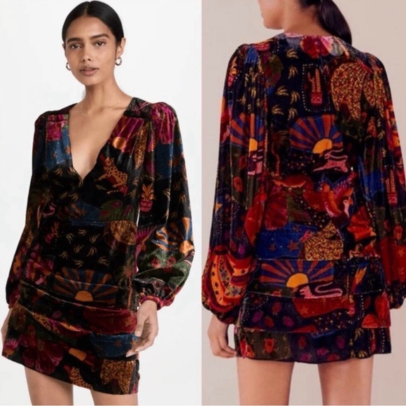 FARM Rio Dresses & Skirts - Farm Rio The Crazy Mix V Neck Velveteen Mini Dress Size Small